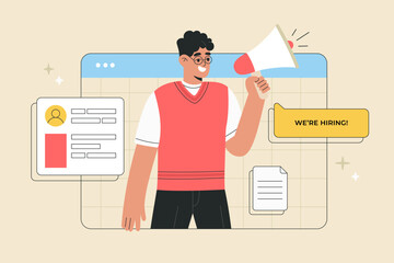 Man employer on computer screen shout in loud speaker We are hiring. Recruitment agency, candidate searching online. Hand drawn vector illustration isolated on background, modern flat cartoon style