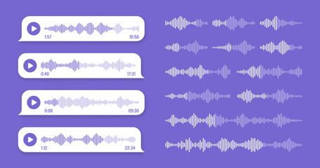 Voice, audio message, violet speech bubble. SMS text frame. Social media chat or messaging app conversation. Voice assistant, recorder. Sound wave pattern. Vector illustration