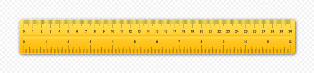 Realistic plastic ruler with measurement scale and divisions, measure marks. School ruler, centimeter and inch scale for length measuring. Office supplies. Vector illustration
