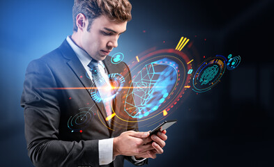 Businessman looking at phone, biometric scanning hud and facial recognition