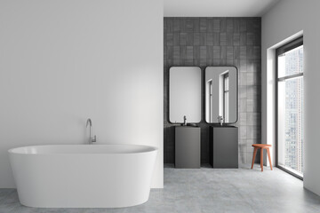 Fototapeta na wymiar Luxury bathroom interior with bathtub and double sink. Mockup empty wall