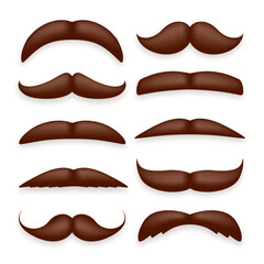 Various brown mustache collection. Vintage, retro mustaches. Facial hair, hipster beard. Vector illustration