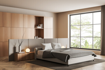 Fototapeta na wymiar Light bedroom interior with bed and panoramic window, shelf with decor