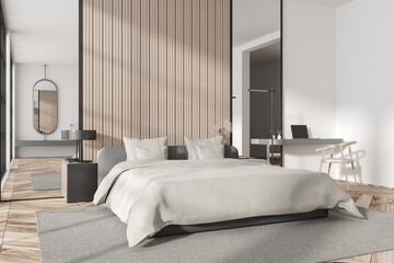 Obraz premium Light bedroom interior bed and desk with armchair, sink and mirror. Empty wall