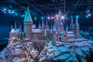 Fototapeta premium London, England - 18 November 2017: A model of Hogwarts in Warner Brothers Studio tour, The making of Harry Potter at Leavesden Studio in London.