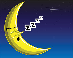 vector illustration of a crescent moon with a sleeping face at night with stars
