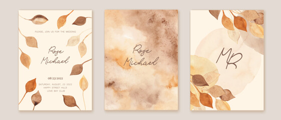 Cards with autumn leaves, textures. Beige, orange, pink leaves, abstract watercolor background. Wedding, business, cover design.