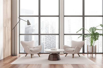 Fototapeta premium Light chill room interior with two seats and coffee table, panoramic window
