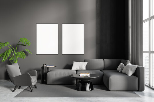 Grey lounge interior with couch and coffee table with decor, mockup frame