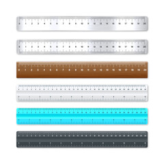 Realistic various metal and plastic rulers with measurement scale and divisions, measure marks. School ruler, centimeter and inch scale for length measuring. Office supplies. Vector illustration