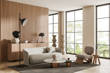 Light relaxing room interior with couch and dresser with decor, panoramic window