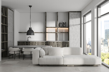 Light studio interior with relax and eating area, panoramic window