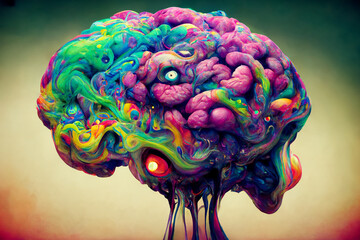 Abstract painting. Humans brain in acid colors. 2D illustration - obrazy, fototapety, plakaty