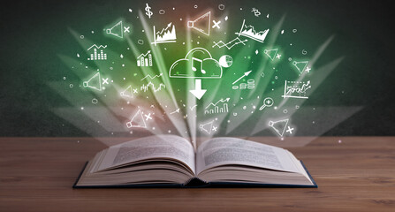 Open book with profit icons above