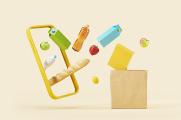 Phone and paper bag with falling products, online store
