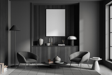 Grey chill interior with chairs and dresser with decor, window and mockup frame