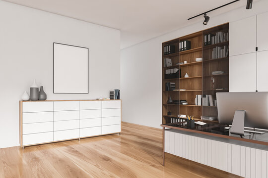 Light office interior with drawer, table and cabinet with decor. Mockup frame