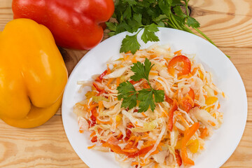 Salad with chopped white cabbage and bell pepper, top view
