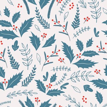 Seamless Christmas patterns with fir branches. berries and holly for greeting cards, wrapping papers. Happy New Year.