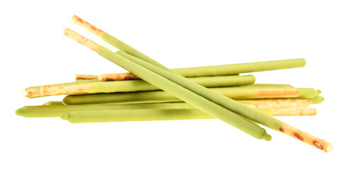 Biscuit stick with matcha green tea coated on white background.