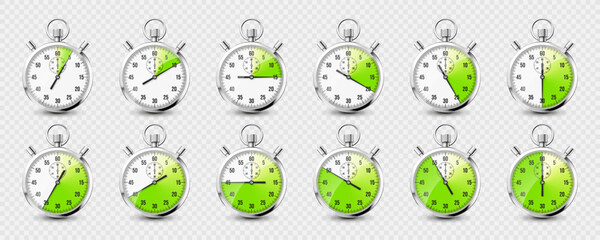 Fototapeta na wymiar Realistic classic stopwatch icons. Shiny metal chronometer time counter with dial. Green countdown timer showing minutes and seconds. Time measurement for sport, start and finish. Vector illustration