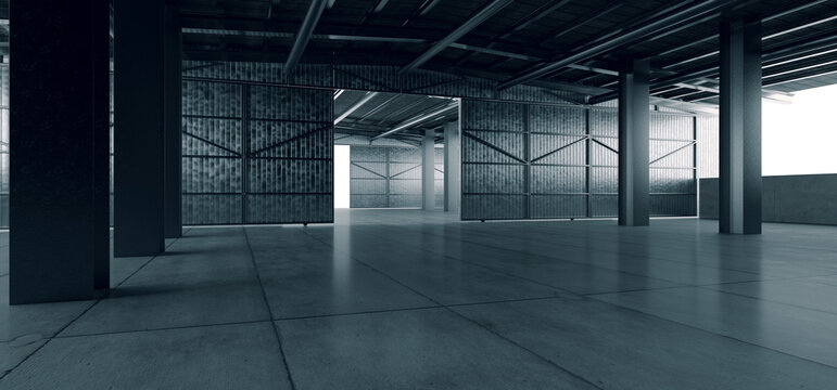 Grunge Studio Showroom Big Empty Steel Concrete Hangar Warehouse Barn Huge Space DayIight Windows Modern Workshop Car Garage Depot 3D Rendering
