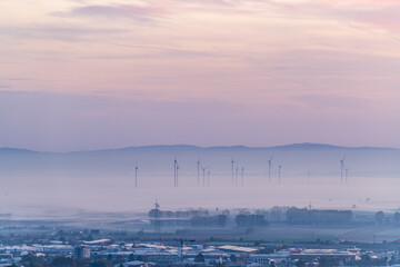 wind turbines sticking out of the morning fog