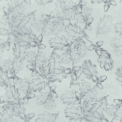 Oak foliate twigs and acorns outline seamless pattern for wrapping paper, greeting cards, posters, banners, packaging.