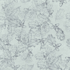 Fototapeta premium Oak foliate twigs and acorns outline seamless pattern for wrapping paper, greeting cards, posters, banners, packaging.