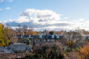 Fototapeta na wymiar View of building, tree in spring. Edinburgh, United Kingdom