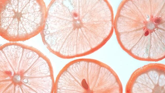 Juicy lemon slices with bubbles under water isolated on white background. Orange lime slices pattern textured background.