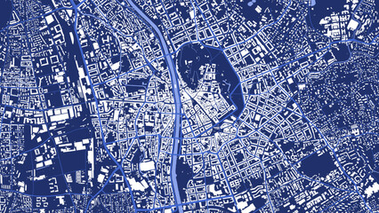Detailed blue vector map poster of Graz city, linear print map. Skyline urban panorama.
