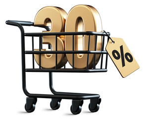 Shopping cart with 30 percent discount 3D rendering number isolated with transparent background
