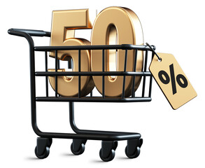 Shopping cart with 50 percent discount 3D rendering number isolated with transparent background