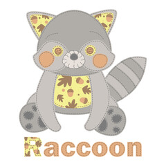 Patchwork vector drawing with a raccoon. Cute vector cartoon raccoon.  Baby Shower, greeting, holiday and invitation card. Raccoon applique. Vector baby patchwork illustration. Print, web design.   