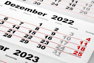 Deutscher Kalender Monat Dezember 2022 und Januar 2023 Nahaufnahme