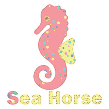 Patchwork vector drawing with a sea horse. Cute vector cartoon seahorse.  Baby Shower, greeting, holiday and invitation card. Applique with seahorse. Vector baby patchwork illustration. For print.