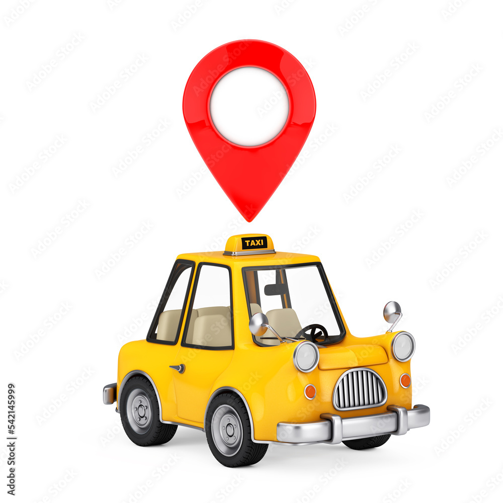 Fototapete Yellow Cartoon Taxi Car with Red Map Pointer Pin. 3d Rendering