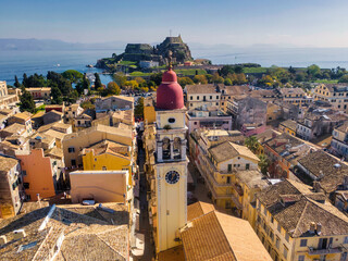 Aerial drone view of corfu town in greece