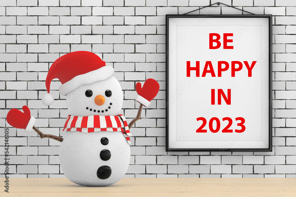 Aufkleber snowman in front of brick wall with frame be happy in 2023 sign. 3d rendering