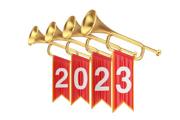 Golden Fanfare Trumpets with 2023 New Year Red Flags. 3d Rendering