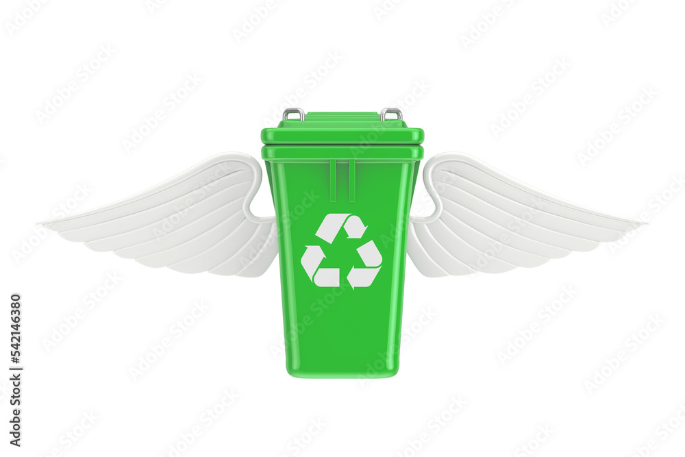 Poster recycle sign green garbage trash bin with angel wings. 3d rendering