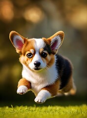 Adorable young Pembroke Welsh Corgi running in the park 3d 