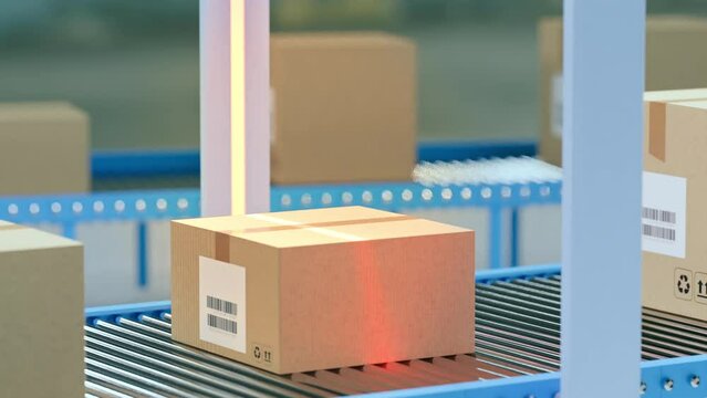Cardboard boxes on conveyor belt being scanned by barcode, RFID readers to sort packages for distribution