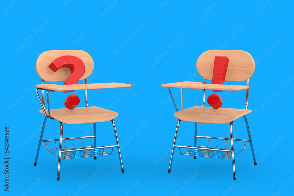 Aufkleber  Wooden Lecture School or College Desk Table with Chairs and Question and  Exclamation Marks. 3d Rendering