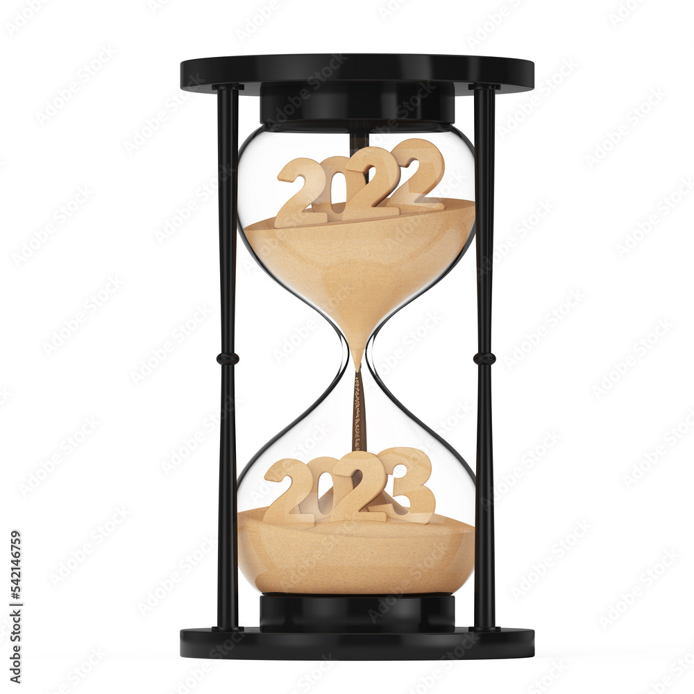 Aufkleber New 2023 Year Concept. Sand Falling in Hourglass Taking the Shape from 2022 to 2023 year. 3d Rendering