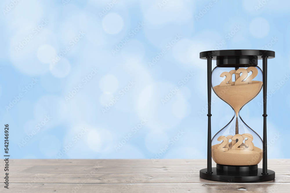 Poster New 2023 Year Concept. Sand Falling in Hourglass Taking the Shape from 2022 to 2023 year. 3d Rendering