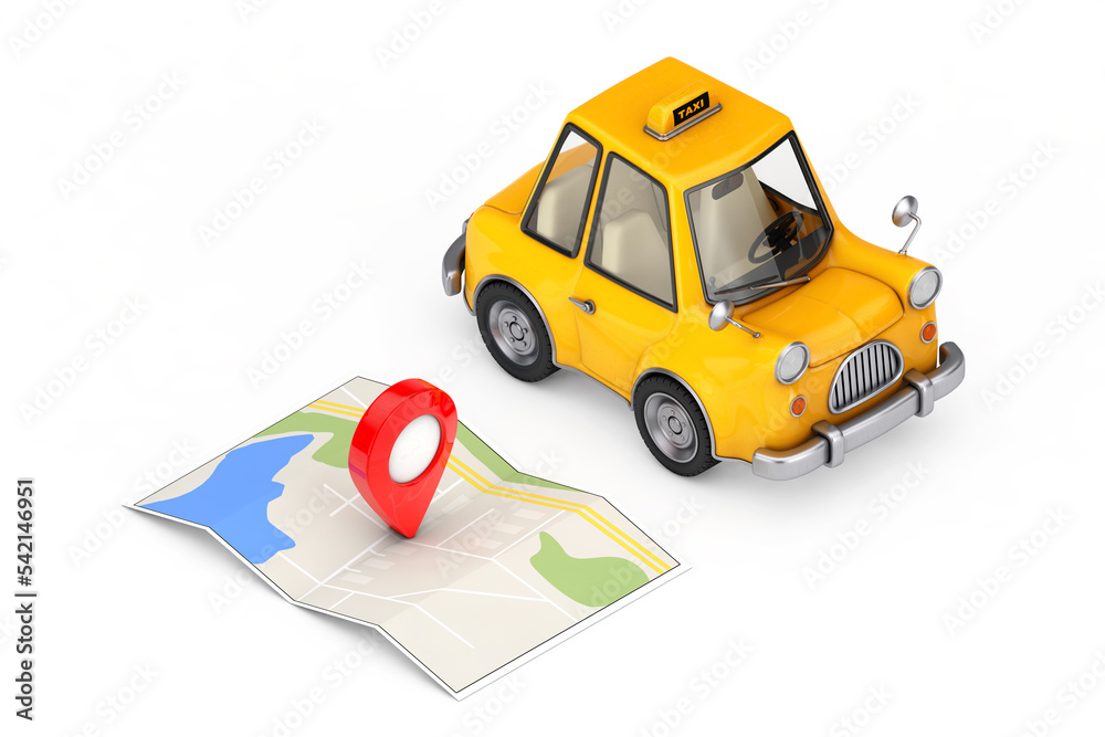 Poster yellow cartoon taxi car near folded abstract navigation map with target map pointer pin. 3d renderin
