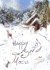 Happy snowy mood postcard and background with animals, trees, houses with lettering wishing
