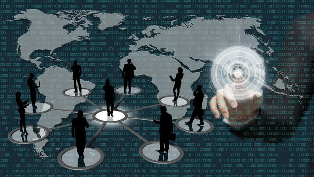 Filmato. Illustrazione 3D. Sfondo mondo digitale. Sequenza di zero e uno concetto di connessione globale tra persone, social network, e dispositivi informatici.